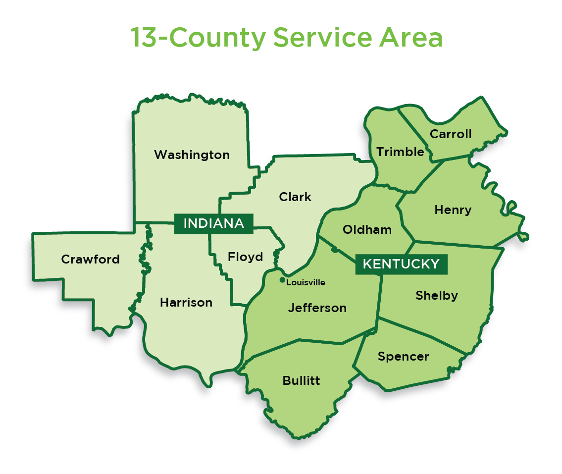 A map depicts a 13-county service area with labeled counties, including a central one marked as Louisville, indicating a region likely served by an organization or service entity.