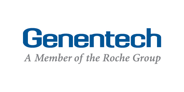 The logo showcases "Genentech" in bold blue letters, followed by "A Member of the Roche Group" written beneath it.