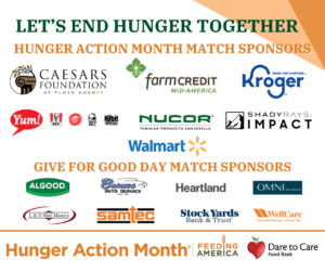 A colorful promotional graphic announces September as Hunger Action Month, featuring a variety of corporate logos from sponsors and partners supporting the cause.