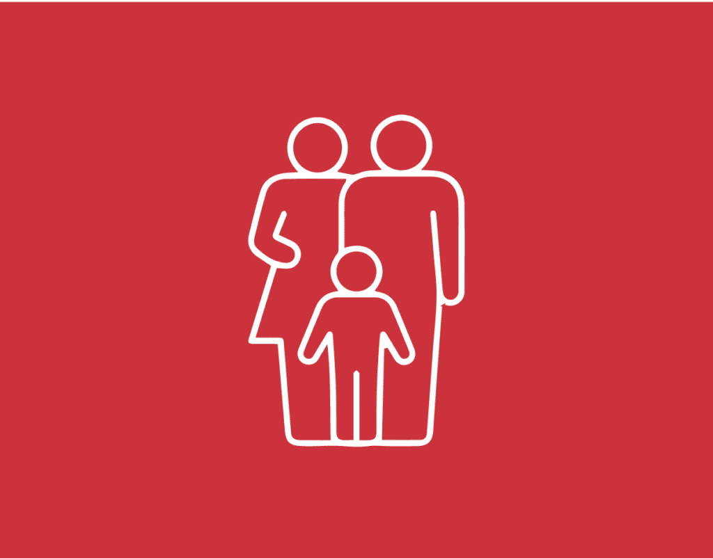 A simplistic white line drawing depicts a stylized family group with two adults and one child on a red background.