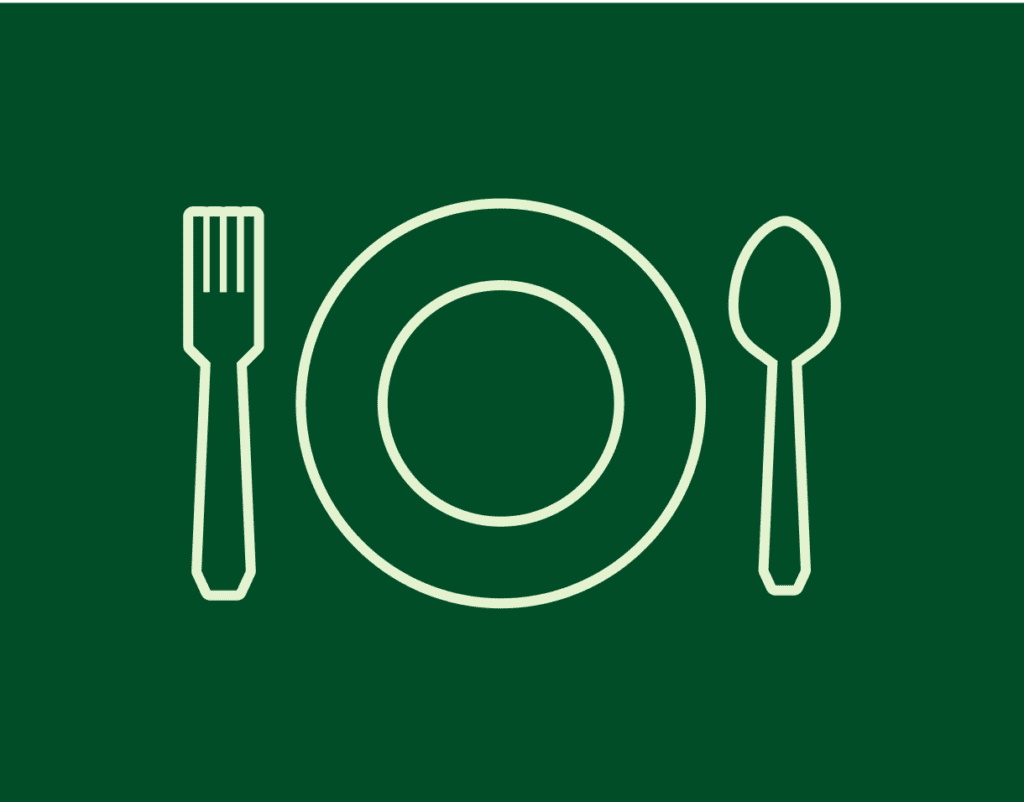A simple line drawing depicts a plate flanked by a fork on the left and a spoon on the right against a dark background.
