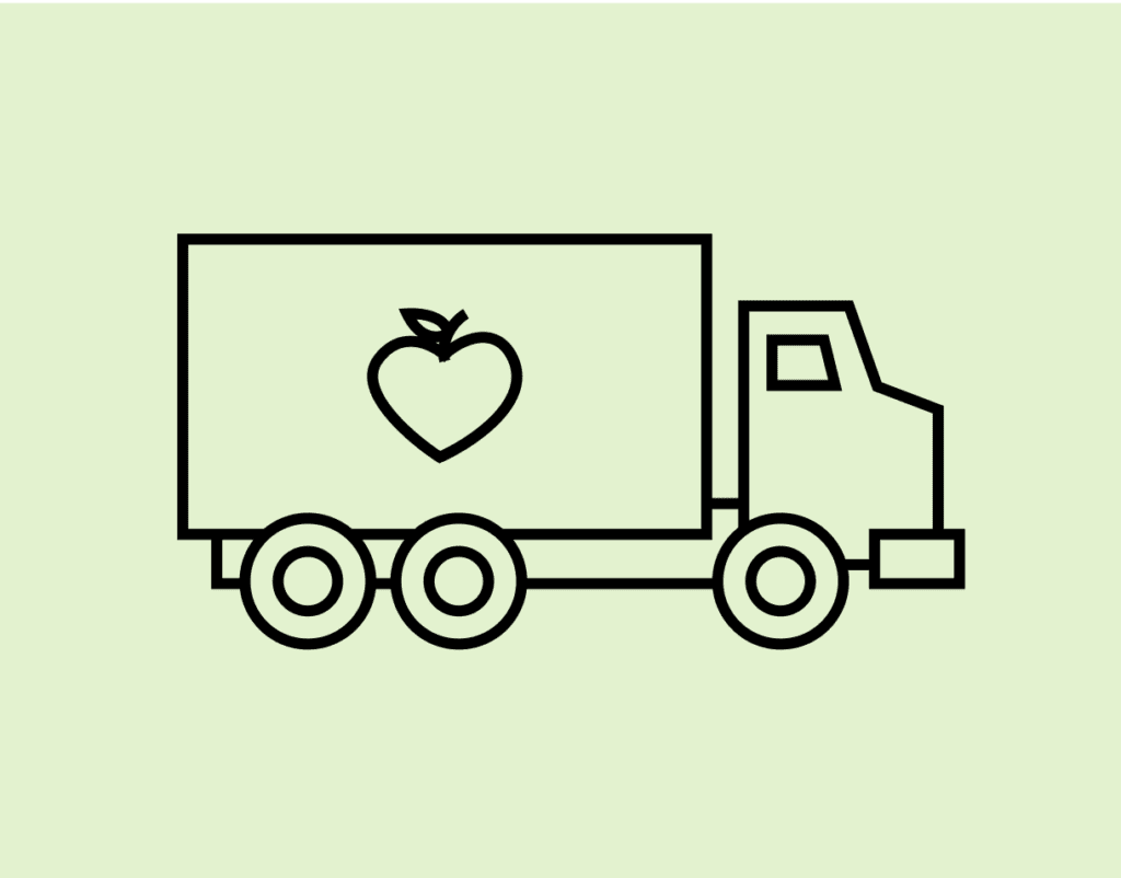 A simple line drawing depicts a delivery truck with a fruit symbol on its cargo compartment.