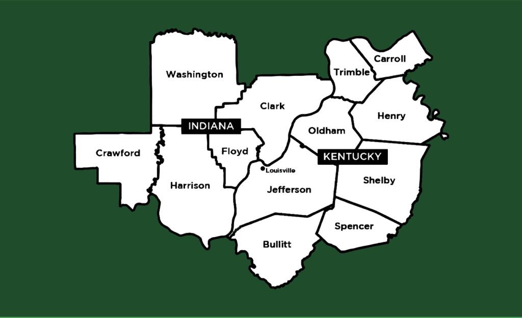 A map shows the bordering counties of Indiana and Kentucky, with county names and state labels.