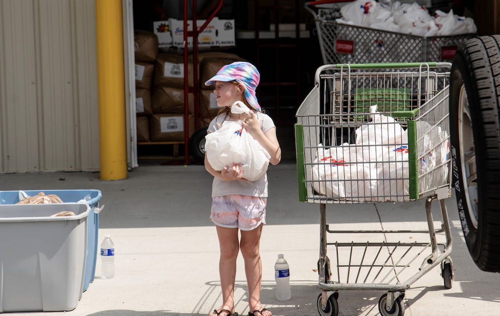 A person is standing outside holding a large white bird, with shopping carts and warehouse shelves visible in the background.