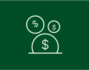 A simple green and white graphic showcases three dollar signs, with the largest in the center and two smaller ones above and to the sides, possibly representing financial growth or wealth management.