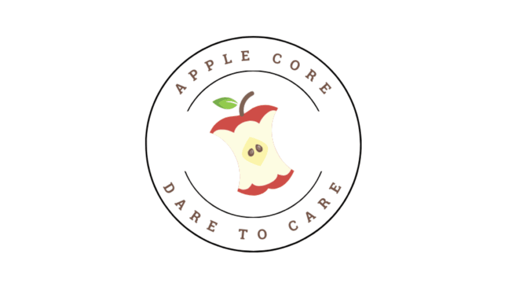 A logo featuring a stylized apple core with the words 