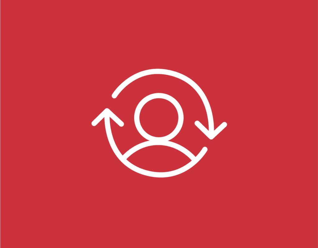 A red background hosts a white circular logo with arrows pointing clockwise, representing recycling or an eco-friendly concept.