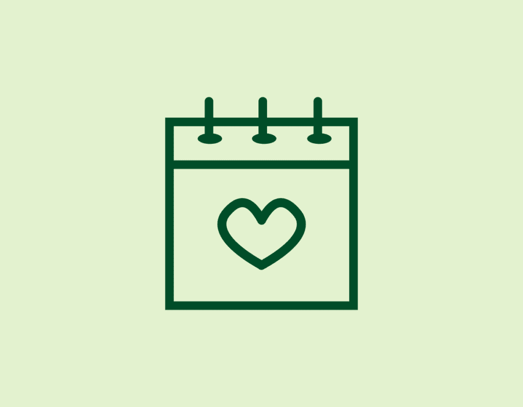A simple line-art icon depicts a calendar with a heart symbol in the center of the date space, conveying the idea of a special or loved date.
