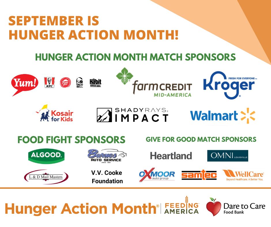 A colorful promotional graphic announces September as Hunger Action Month, featuring a variety of corporate logos from sponsors and partners supporting the cause.