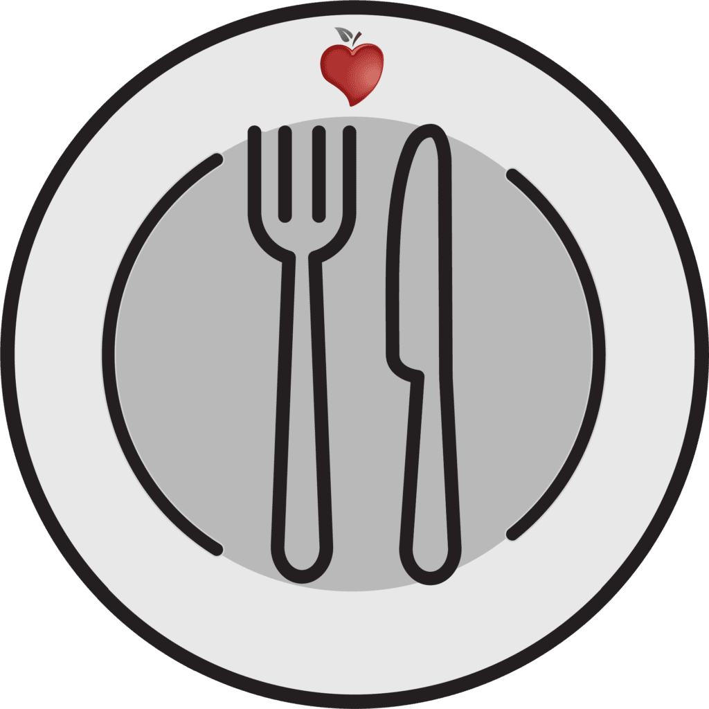 A gray circle bordered in green featuring a knife and fork crossed over a plate with a red heart above them.