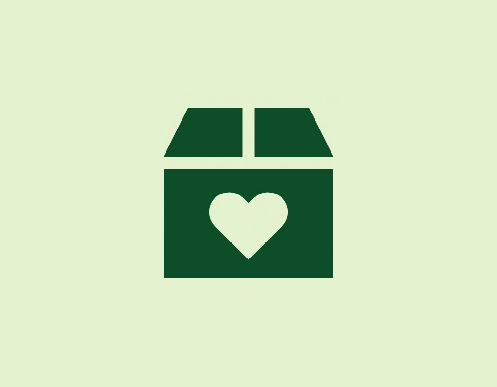 A simple graphic of a green box with a heart in the center against a light background.