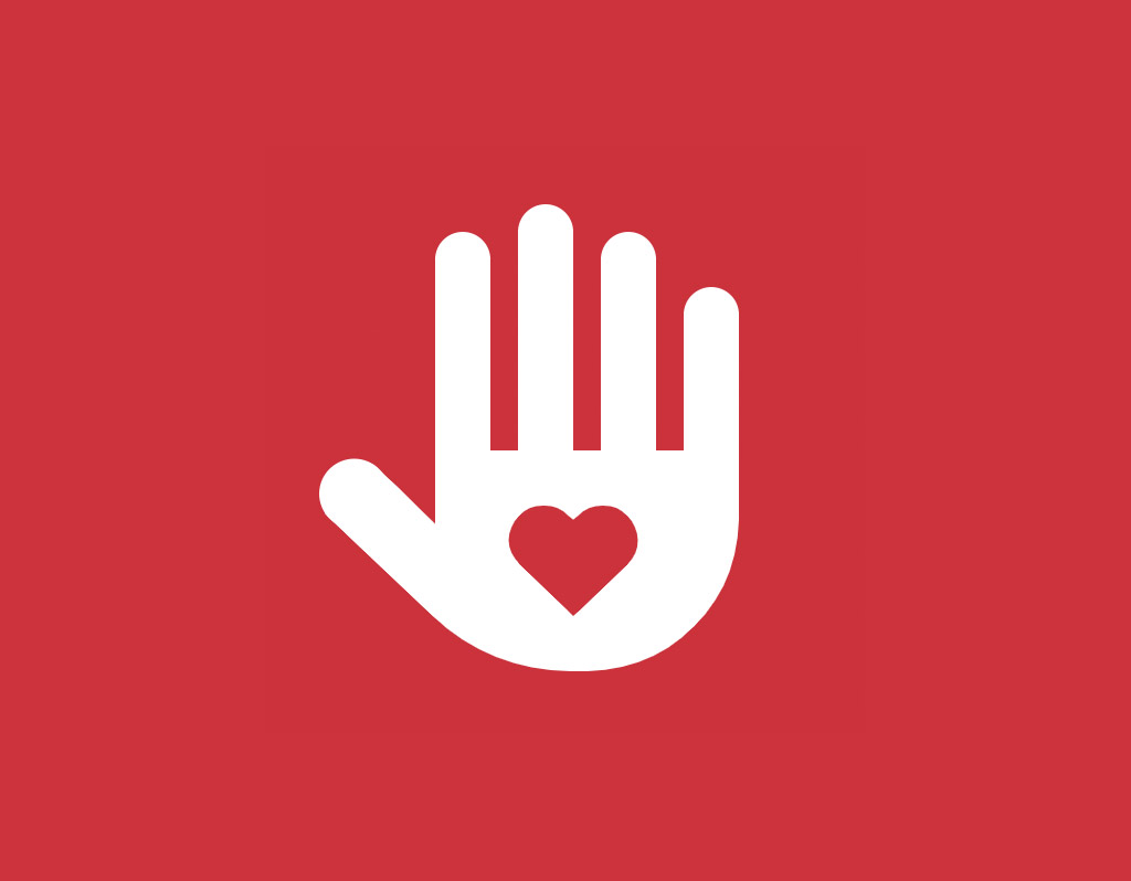 A graphic of a white hand with a heart in the center against a red background.