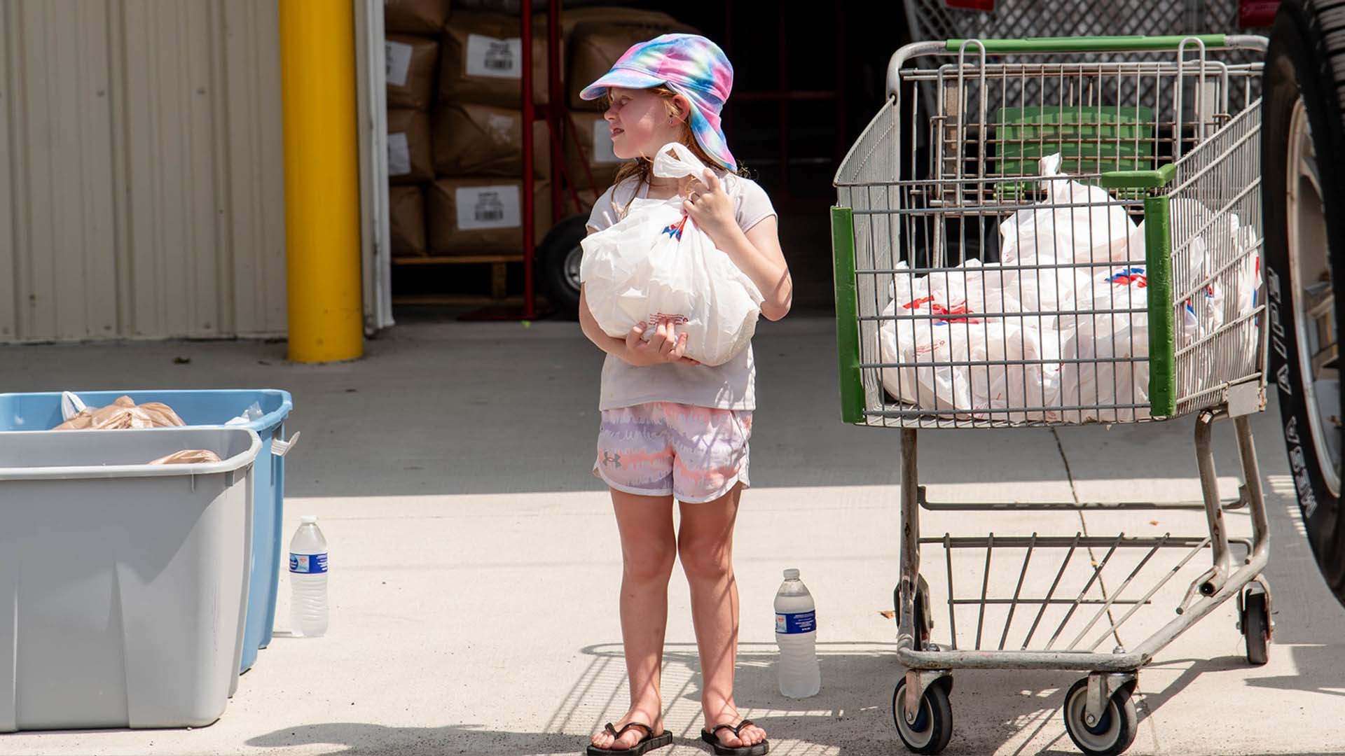 Young girl with grocery bag.